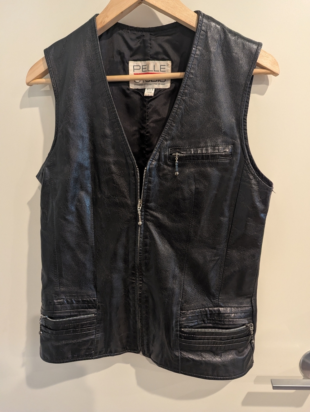 Pelle Studio Black Leather Vest with Cream Label and Red Accent